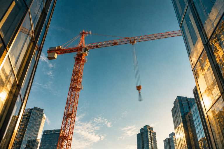 Tower crane between glass buildings