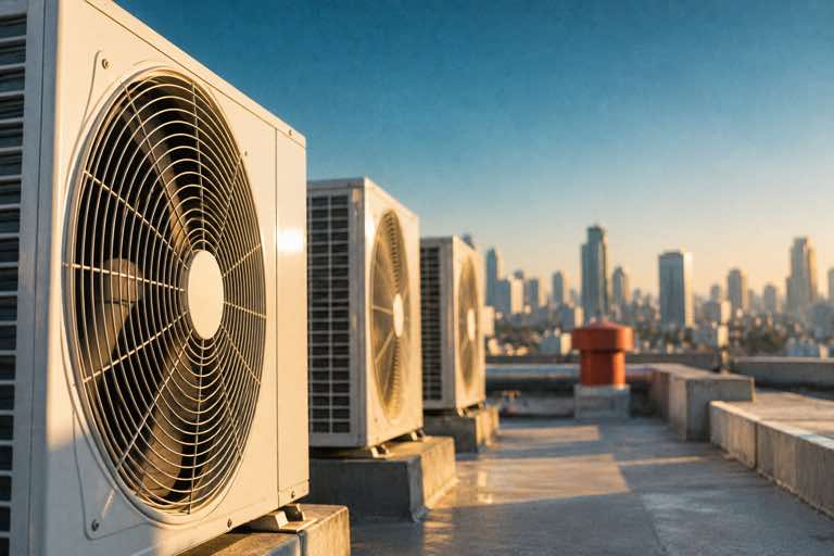 Rooftop air-conditioning units at golden hour