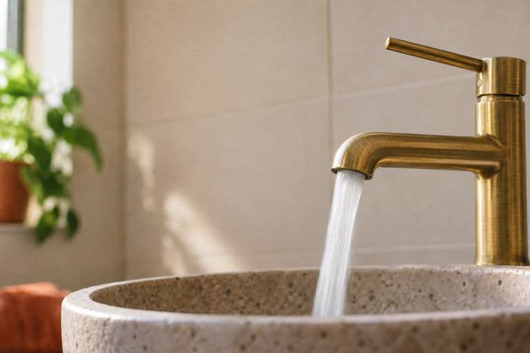 Brass faucet running into a stone basin
