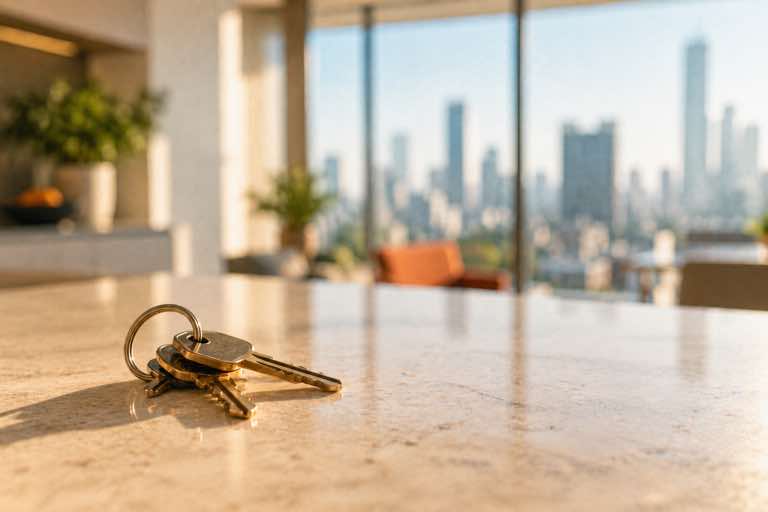 Keys on a sunlit counter overlooking the city