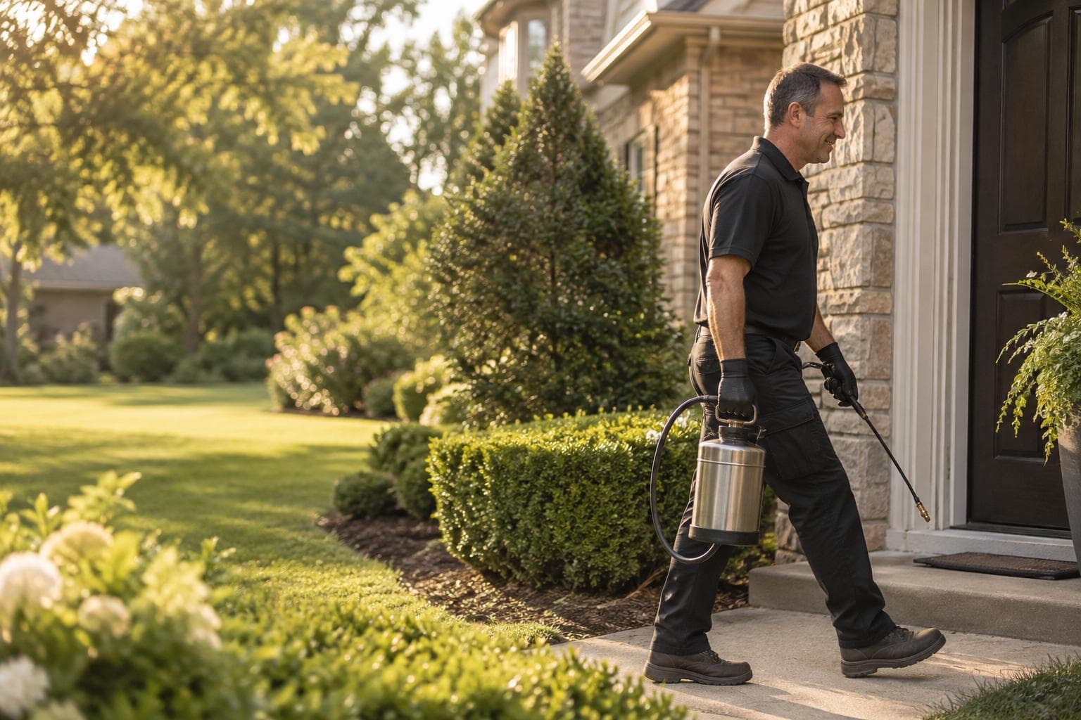 A pest control technician carrying a compression sprayer up the front path of a suburban home in late-afternoon light