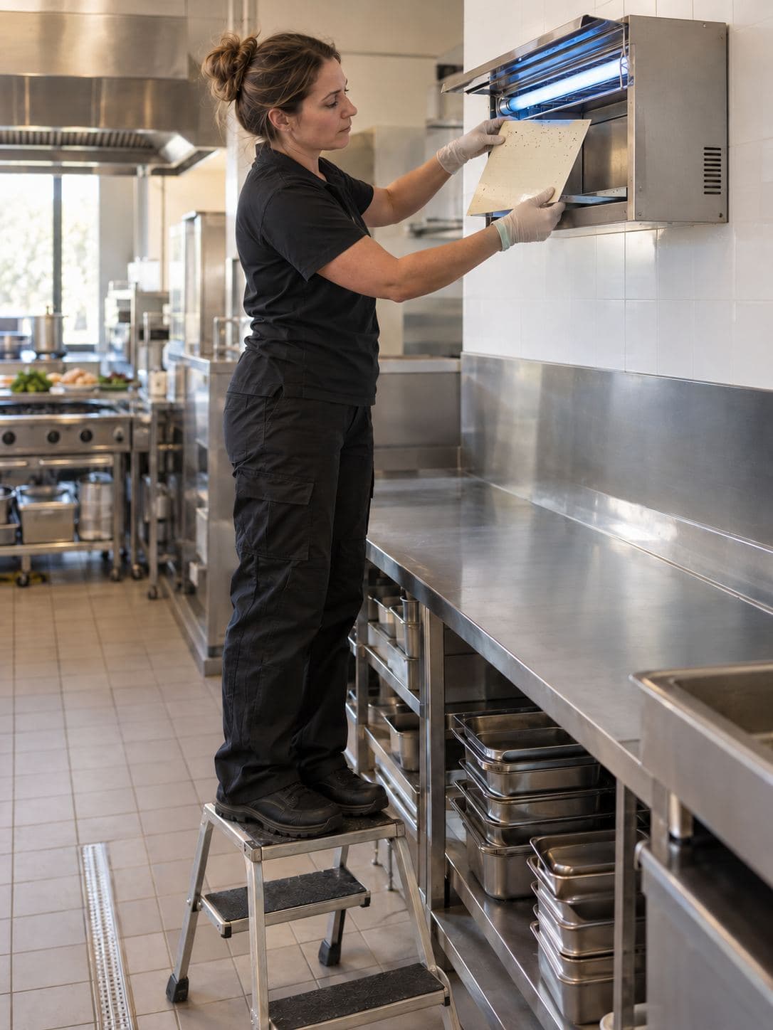 A technician on a step stool sliding a new glue board into an insect light trap on a commercial kitchen wall