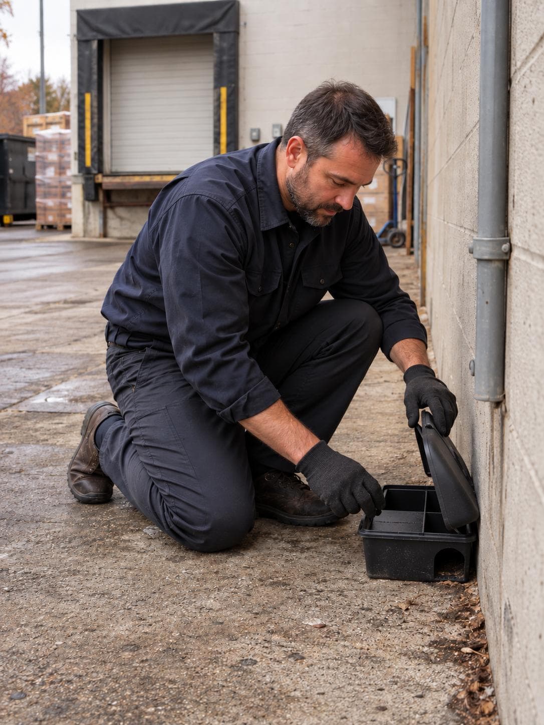 A technician kneeling to open a black rodent bait station along the back wall of a food warehouse, beside a loading dock