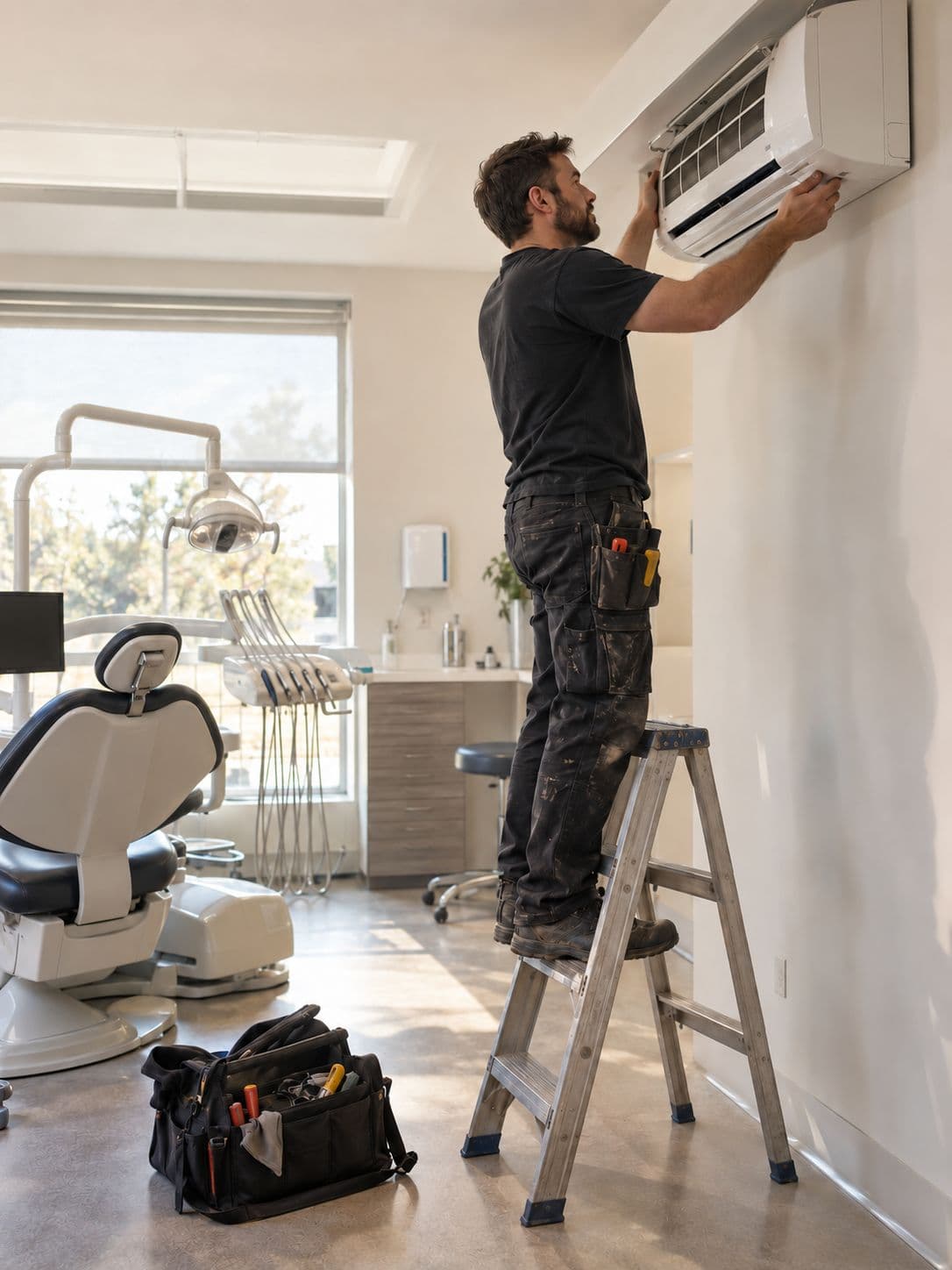 A technician on a step ladder fitting a split air conditioner on the wall of a dental treatment room