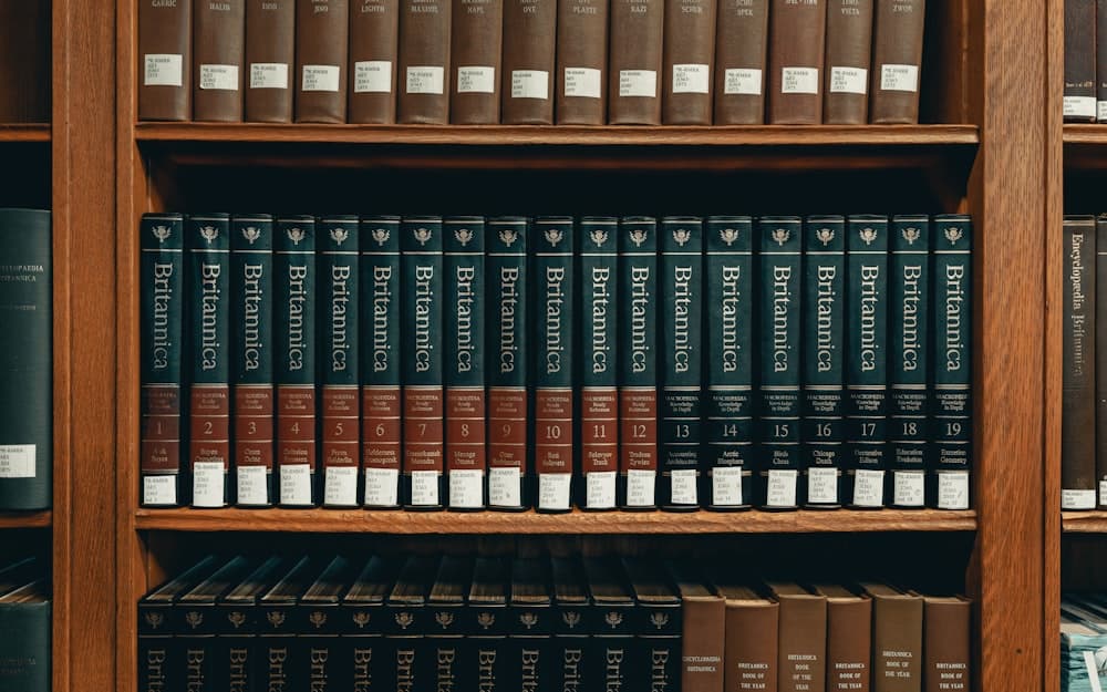 Rows of bound volumes on a law office shelf