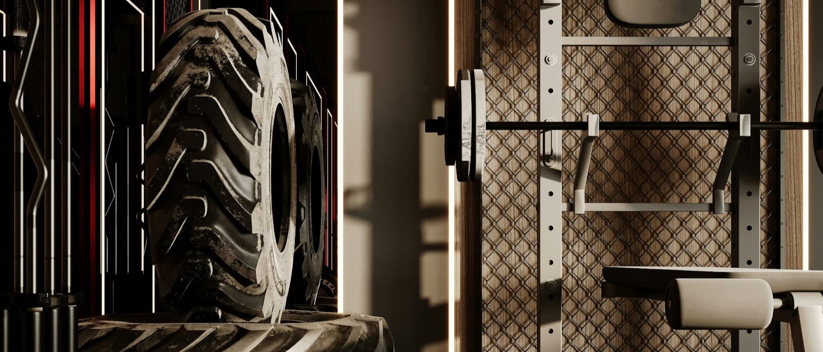 A quiet gym with racked plates and machines after hours