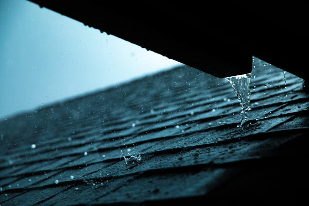 A close look at a rain gutter along a shingle roof