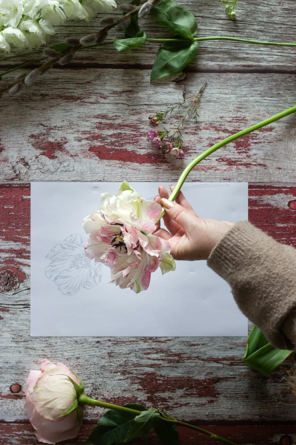 Hands arranging white and pink flowers