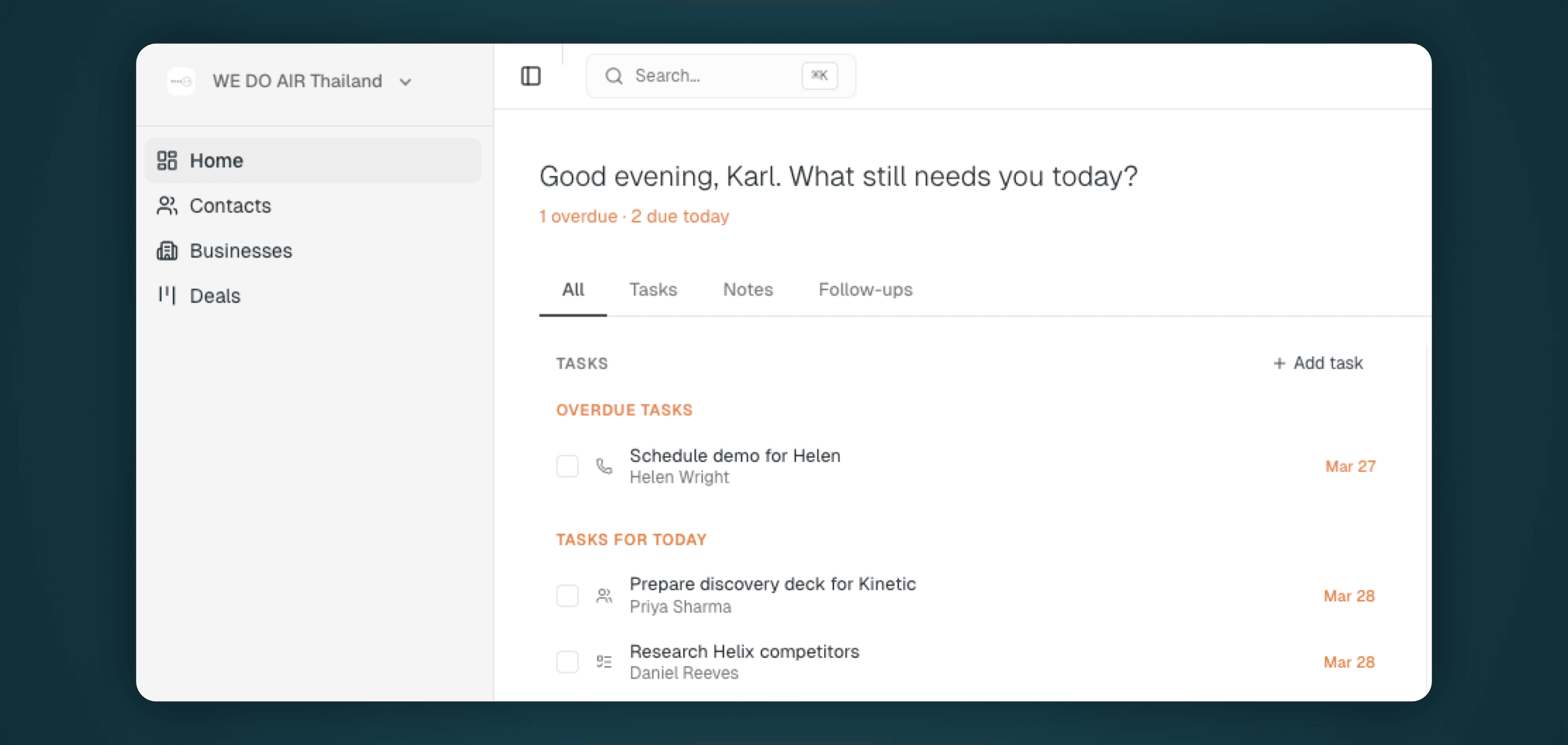 Liteo task view highlighting follow-ups that need attention