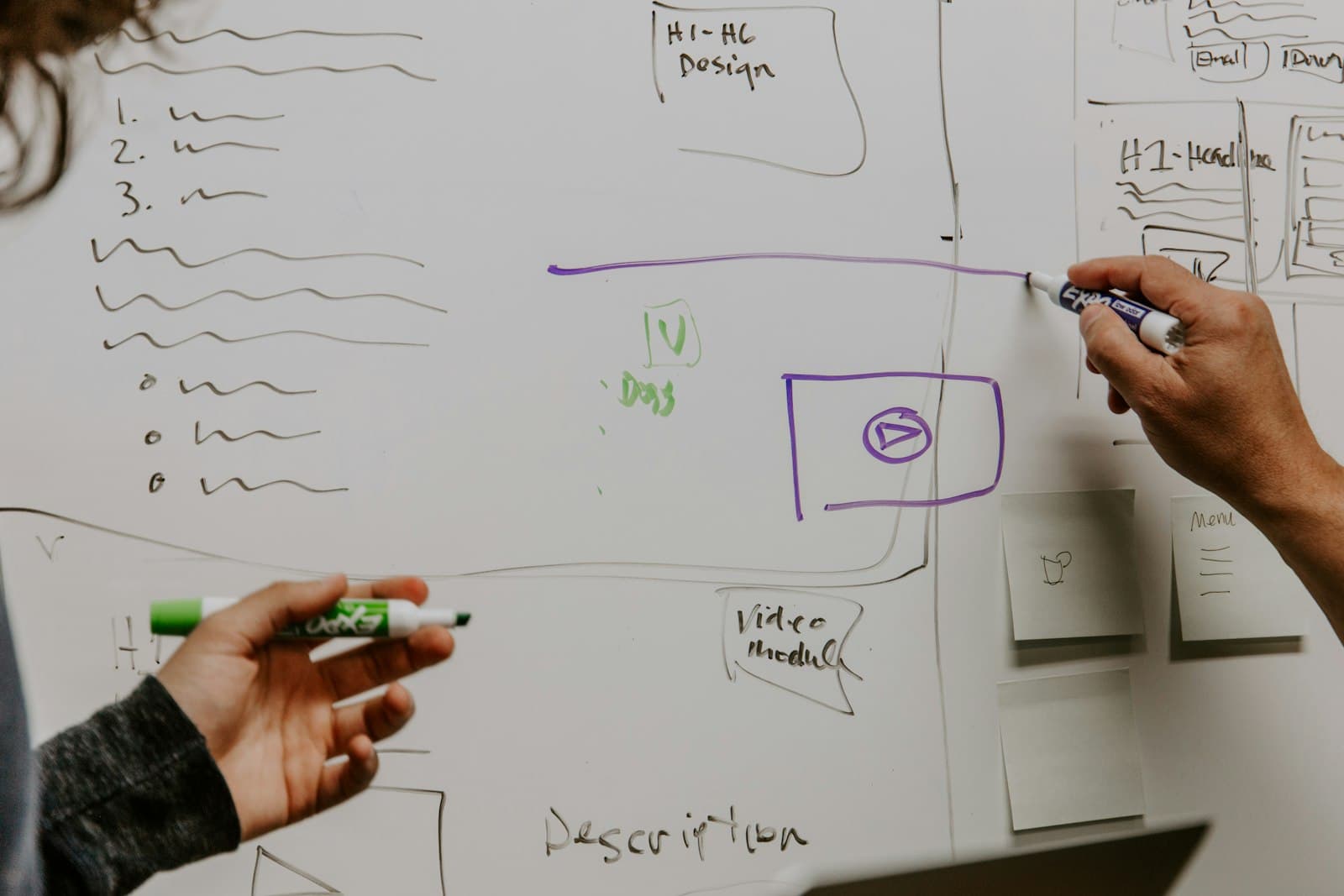 Two consultants working through a problem on a whiteboard