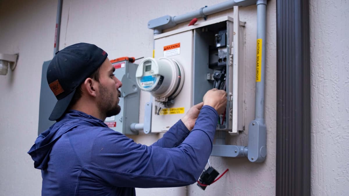 A technician checking a wall-mounted service box