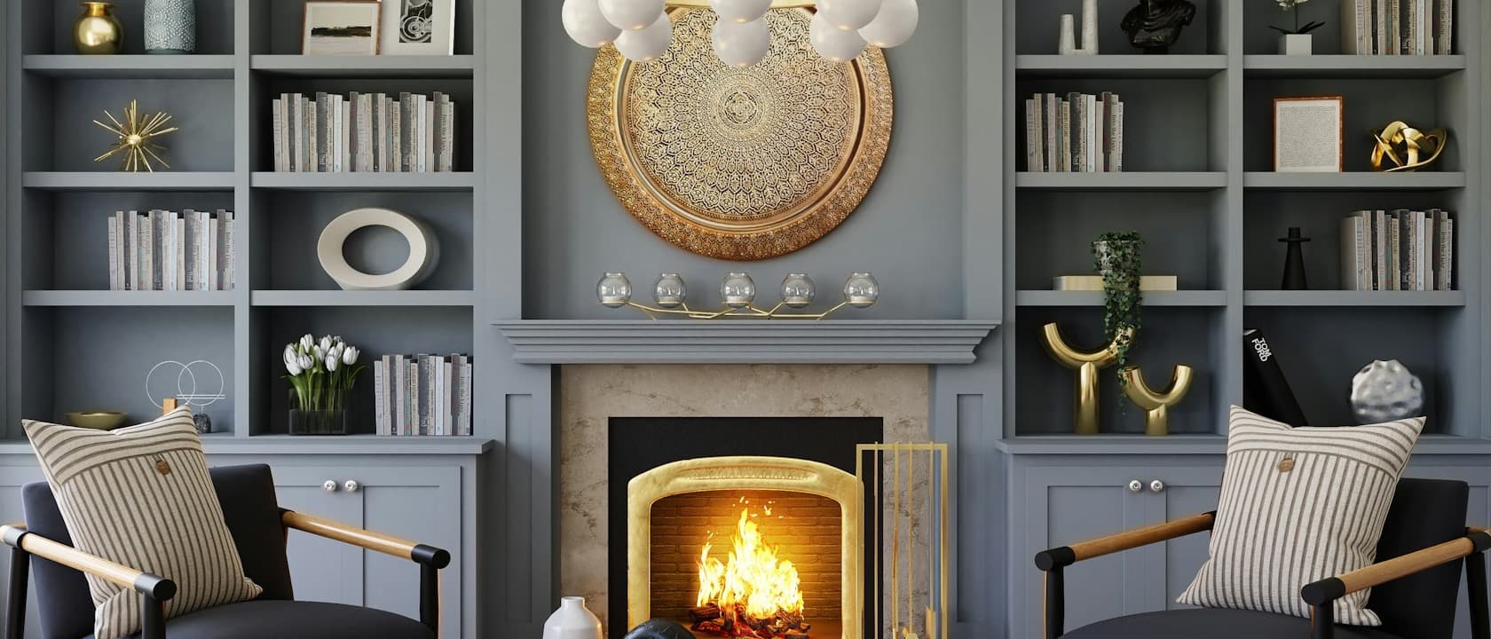 A finished living room with built-in shelves and a lit fireplace