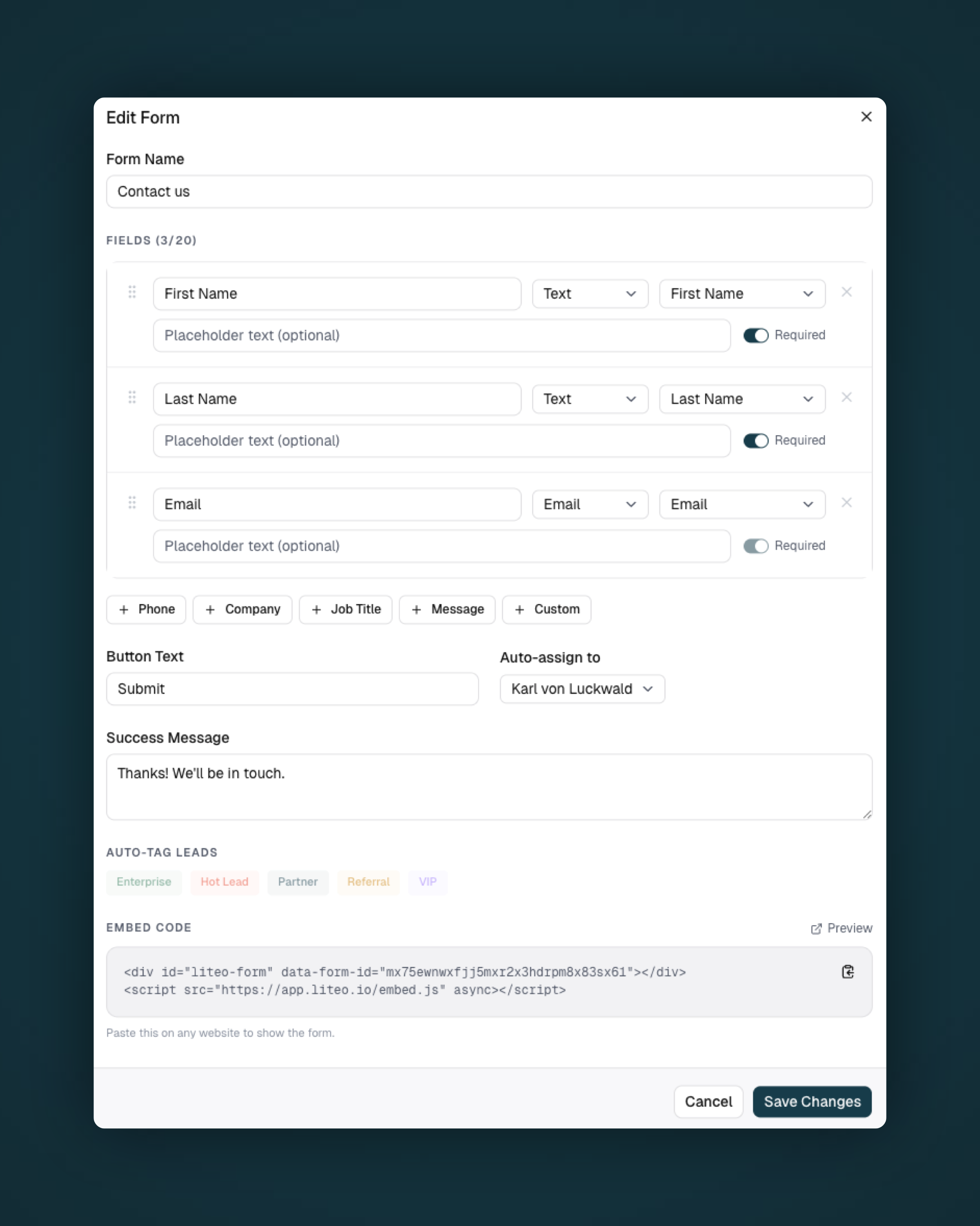 Liteo lead capture form builder
