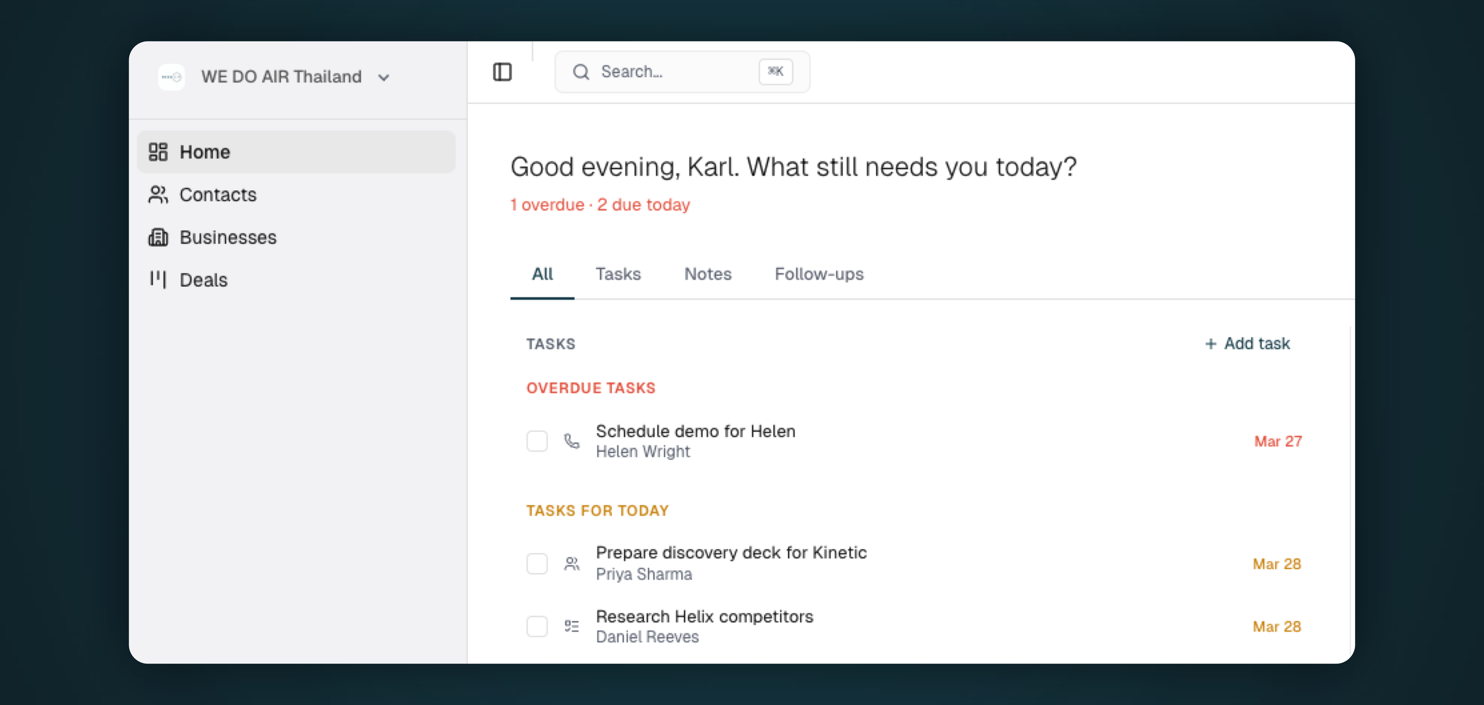 Liteo dashboard — tasks overview with overdue, today, and upcoming